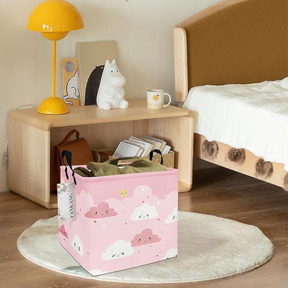 Pink Cloud Canvas Storage Bin - Foldable Waterproof Nursery Basket for Girls Room, Toys, and Baby Shower Gifts