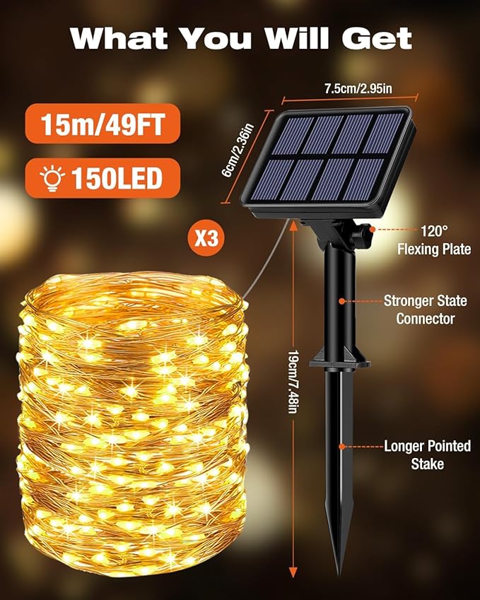 Warm White Solar Fairy Lights 3 Pack – 3 x 49ft 150 LED | Copper Wire IP65 | 8 Modes Memory | Garden Tree Fence Christmas Wedding Anniversary Outdoor
