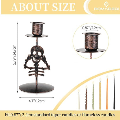 Black gothic skull taper candle holder size diagram, metal cup and base