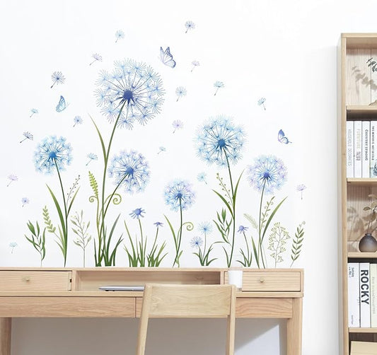 Blue dandelion and butterfly wall decals with green stems and blue flower heads