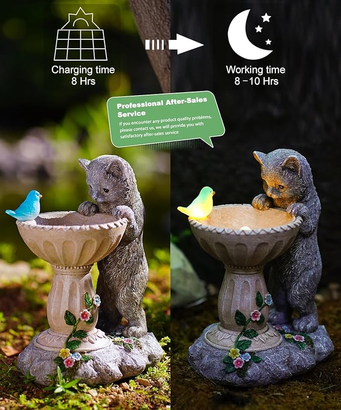 Cat Birdbath Garden Statue with Solar Light - Handcrafted Resin Outdoor Decor
