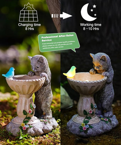 Cat Birdbath Garden Statue with Solar Light - Handcrafted Resin Outdoor Decor