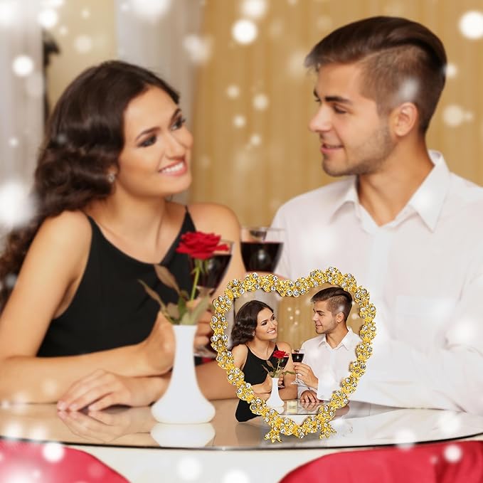 Golden heart-shaped crystal beaded picture frame featuring a couple photo