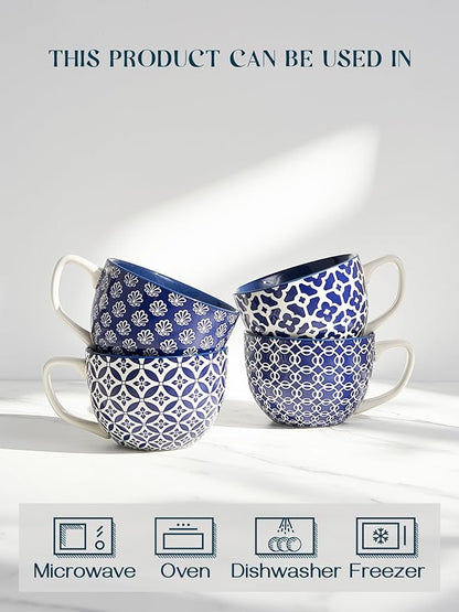 Blue-and-white patterned ceramic coffee mugs with handles, with appliance icons below.