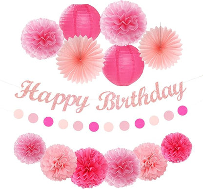 Hot Pink Birthday Party Decoration Kit – 14pcs | Paper Flowers Fans Lanterns Garland Streamers | Girls Women Sweet 16 18th 21st Princess Party
