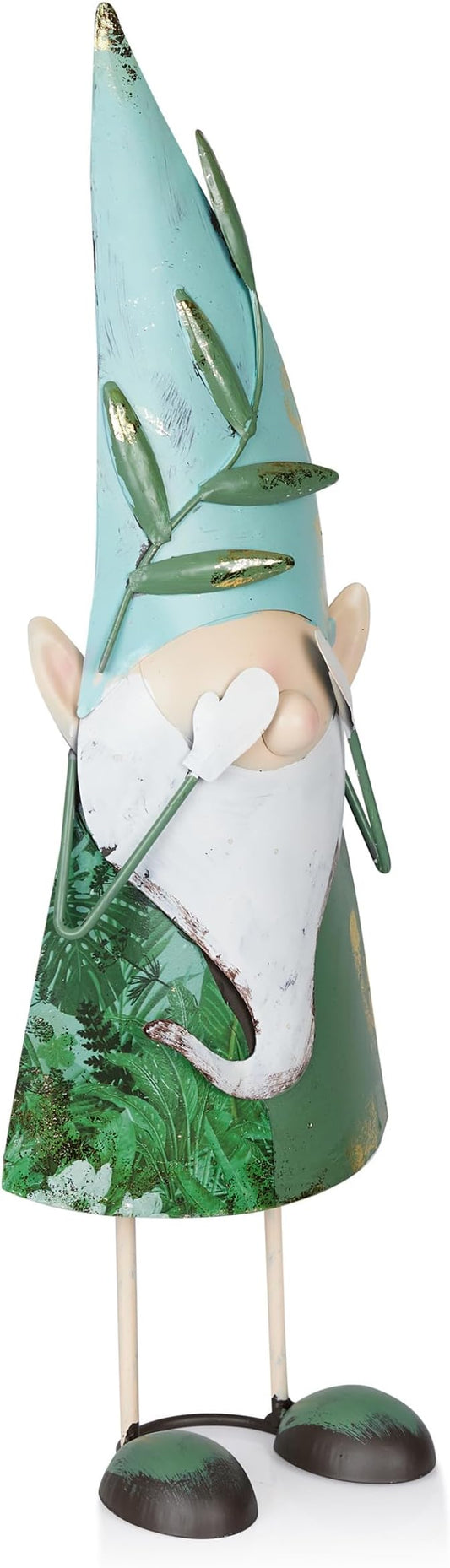 Green metal gnome statue with white beard and hands covering eyes, dark shoes.