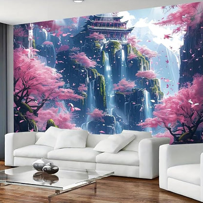 Japanese Cherry Blossom Tapestry – 90"x70" | HD Print Pink Sakura Mountain Waterfall Fairytale | Asian Aesthetic Wall Hanging for Bedroom & Living Room