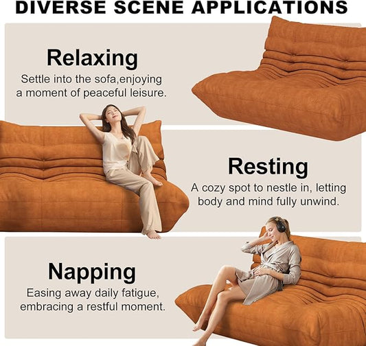 Amber Orange Ripple Loveseat Floor Sofa - Togo-Style Foam Lounge Sofa for Bold Living Rooms, Boho Interiors, and Family Moments Worth Remembering