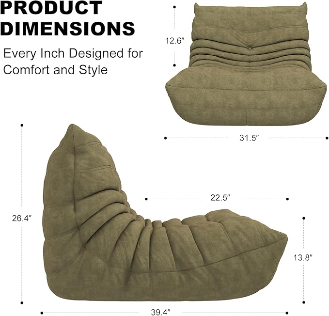 Moss Green Ripple Single Floor Lounge Chair - Togo-Style Solo Foam Seat for Biophilic Interiors, Reading Nook, Nursery, and Quiet Moments for One