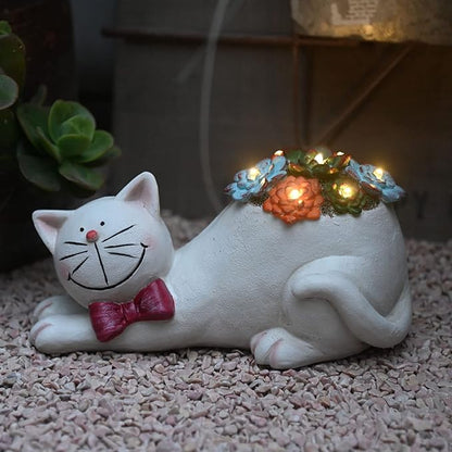Cat Solar Garden Statue with Succulent and LED Lights - Waterproof Resin Outdoor Decor