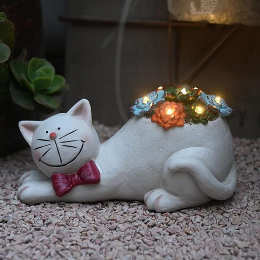 Cat Solar Garden Statue with Succulent and LED Lights - Waterproof Resin Outdoor Decor