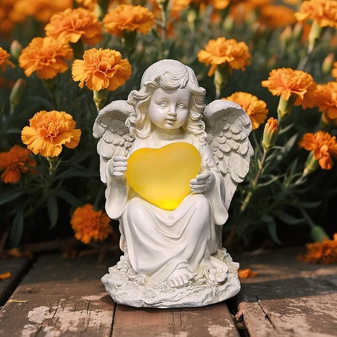 Solar Angel Garden Statue with Glowing Heart - Resin Outdoor Memorial and Love Decor