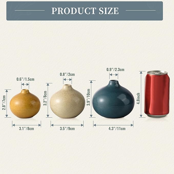 Set of 3 mini ceramic bud vases in gold, cream, and blue with size diagram.
