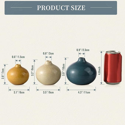 Set of 3 mini ceramic bud vases in gold, cream, and blue with size diagram.