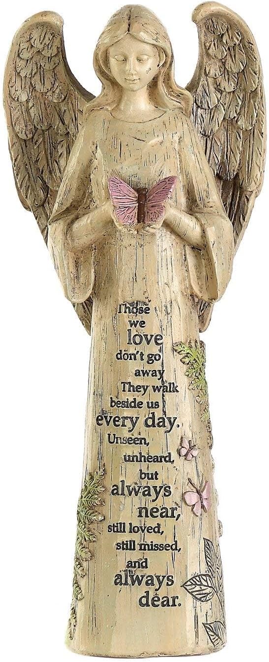 Resin praying angel figurine holding a pink butterfly, with wings and an engraved memorial poem.