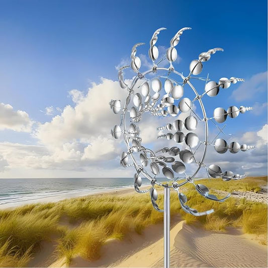 3D Kinetic Metal Wind Spinners – 2-Pack Silver Garden Wind Sculpture | Multi-Directional Ball Bearing | Yard & Garden Decor