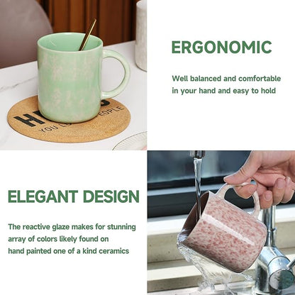 Speckled ceramic coffee mug with mint glaze and curved handle, on a round coaster