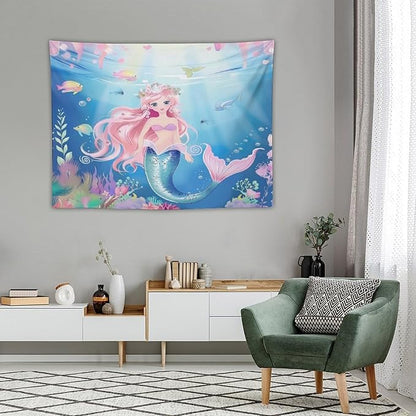 Mermaid Princess Wall Tapestry – 40" x 30" Watercolour | Compact Girls Bedroom Decor | Wall Hanging | Nursery Dorm Kids Room