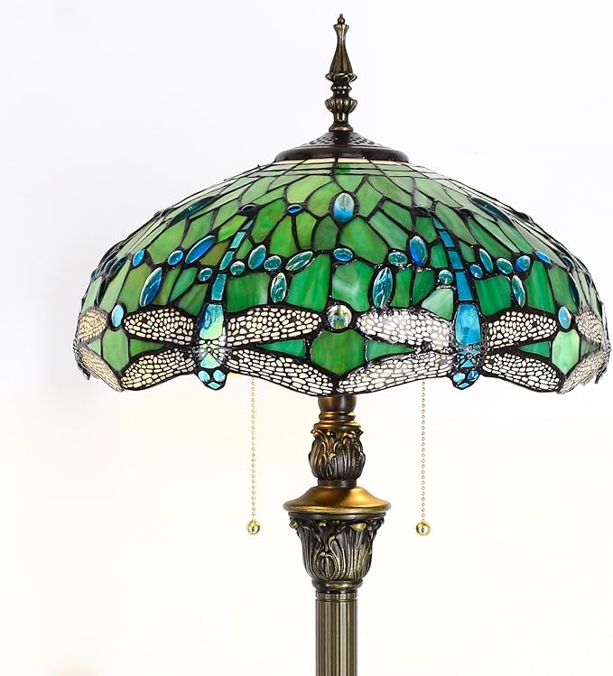 Green stained glass dome floor lamp with bronze column base and hanging pull chains
