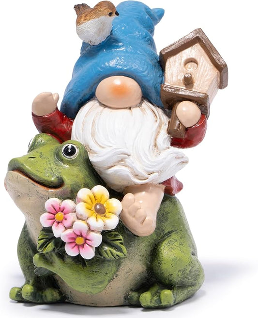 Garden gnome figurine with blue hat, white beard, frog friend, and flower bouquet.