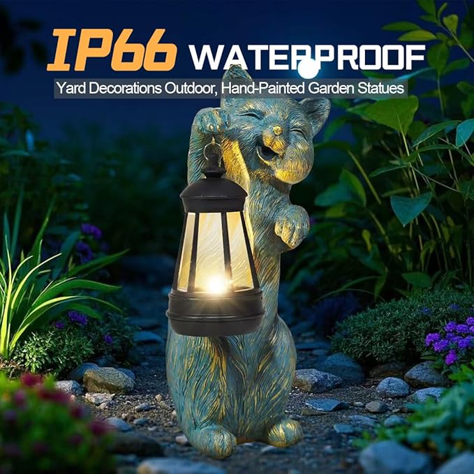 Solar Cat Garden Statue Holding Lantern - Antique Style Resin Outdoor and Patio Decor