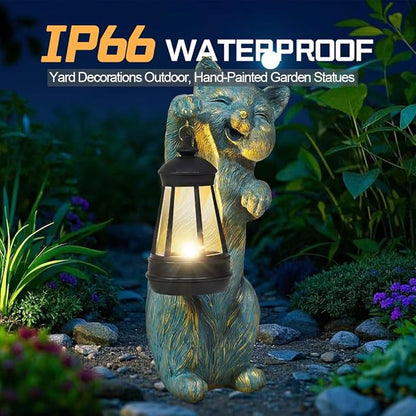 Solar Cat Garden Statue Holding Lantern - Antique Style Resin Outdoor and Patio Decor