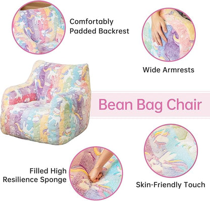 Rainbow Unicorn Bean Bag Armchair - Pastel Cloud Print Memory Foam Chair with Washable Cover for Kids Room, Reading, and Magical Family Moments