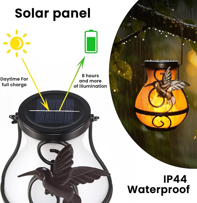 Solar lantern with round solar panel base and angel flame glow, rainproof design