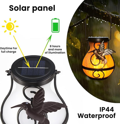 Solar lantern with round solar panel base and angel flame glow, rainproof design
