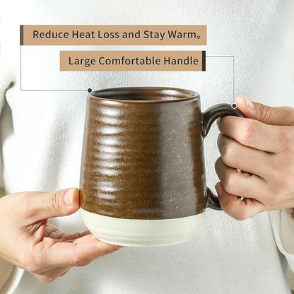Rustic Brown Stoneware Coffee Mugs – Set of 6 | 15oz Big Handle | Indoor & Outdoor | Dishwasher & Microwave Safe | Coffee Gift Set