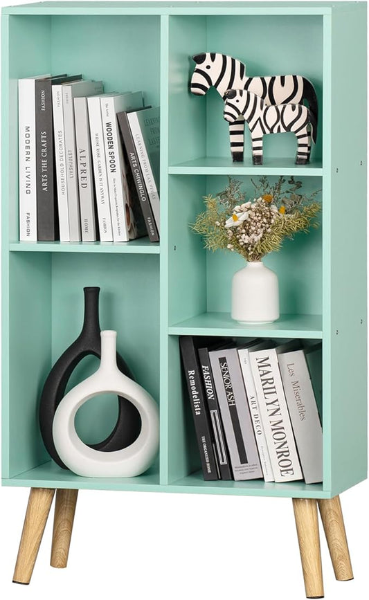 Mint Green 5-Cube Asymmetric Bookshelf with Wood Legs - Mid-Century Kids Bookcase for Nursery, Playroom, and Every Child's Room That Deserves a Bookshelf This Beautiful