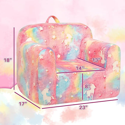 Kids sherpa reading chair, pastel rainbow unicorns and stars on pink plush