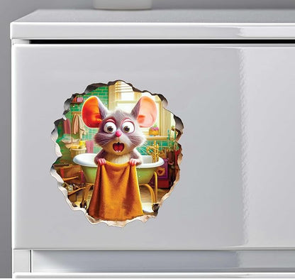 Mouse holding a bowl wall sticker on a white refrigerator door