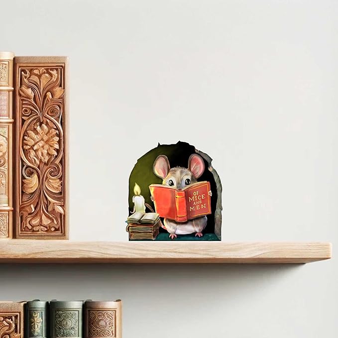 Mouse reading wall sticker on shelf: beige mouse holding red book in arched green frame