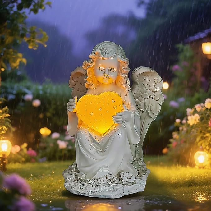Solar Angel Garden Statue with Glowing Heart - Resin Outdoor Memorial and Love Decor