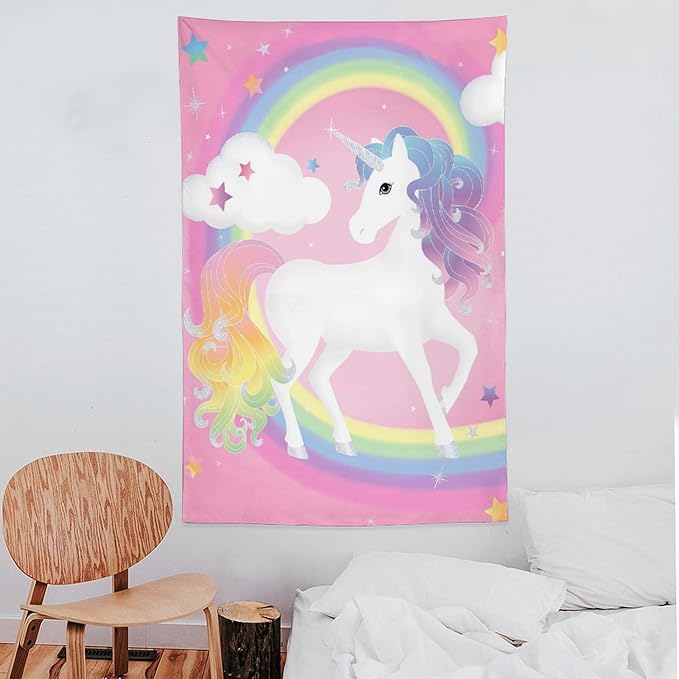 Pink unicorn tapestry with rainbow arc, blue horn, and cloud with stars
