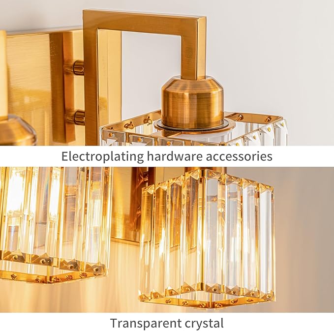Gold vanity light with clear crystal prisms and plated hardware components detail