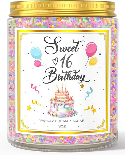 Sweet 16 birthday candle in clear glass jar with multicolor sprinkles and gold lid, 9 oz
