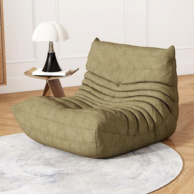Moss Green Ripple Single Floor Lounge Chair - Togo-Style Solo Foam Seat for Biophilic Interiors, Reading Nook, Nursery, and Quiet Moments for One