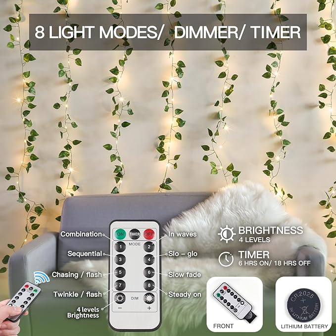 Pothos Vine Fairy Lights – 6.5ft x 6.5ft 200 LED Warm White | Copper Wire | Pre-Attached Leaf Curtain | Remote Timer Dimmer | Bedroom Dorm Wedding Party Wall