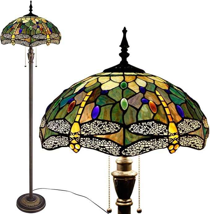 Stained glass floor lamp on tall pole with multicolor dome shade and bronze base