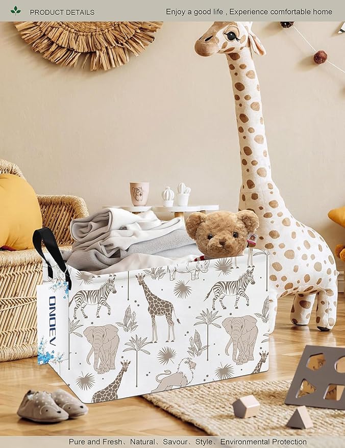 Safari Animals Canvas Storage Hamper Basket - Foldable Waterproof Giraffe Elephant Zebra Bin for Nursery, Kids Room, and Gift Hampers