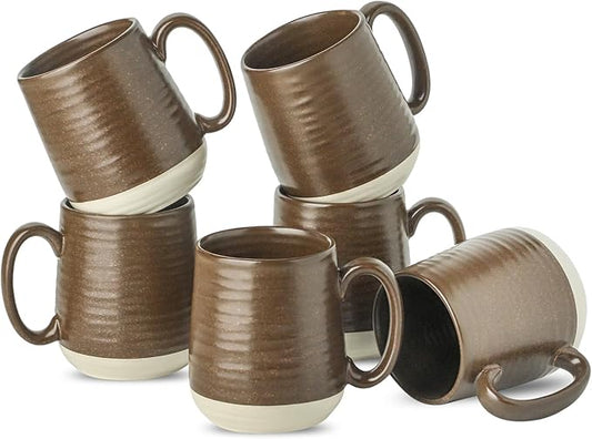 Rustic Brown Stoneware Coffee Mugs – Set of 6 | 15oz Big Handle | Indoor & Outdoor | Dishwasher & Microwave Safe | Coffee Gift Set