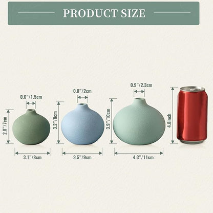 Mini ceramic bud vase set size chart showing three rounded vases: mint, sage, blue