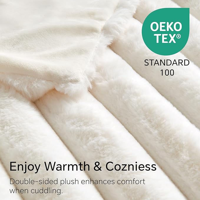 Cream Faux Rabbit Fur Throw Blanket – 60"x80" | 770GSM Double-Sided Luxury Fluffy Blanket | 3D Striped Plush Throw for Two