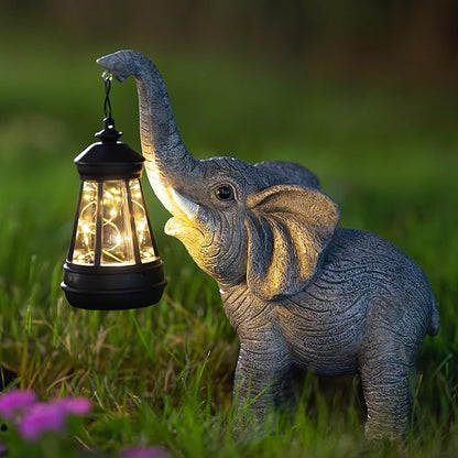 Solar Elephant Garden Statue with Lantern - IP65 Good Luck Resin Outdoor Decor