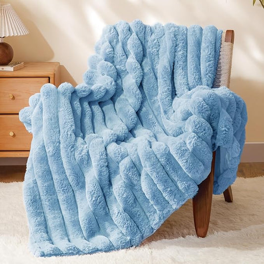 Light Blue Faux Rabbit Fur Throw Blanket – 50"x60" | 770GSM Double-Sided Luxury Fluffy Blanket | All Seasons | 3D Striped Plush Couch Throw