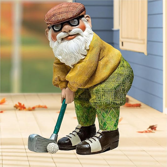 Golf gnome garden statue with orange jacket, green pants, and holding a golf club