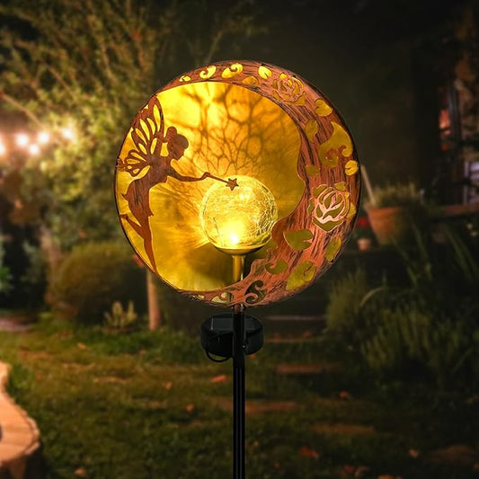 Solar fairy garden light with moon-shaped golden crackle glass globe on black stake