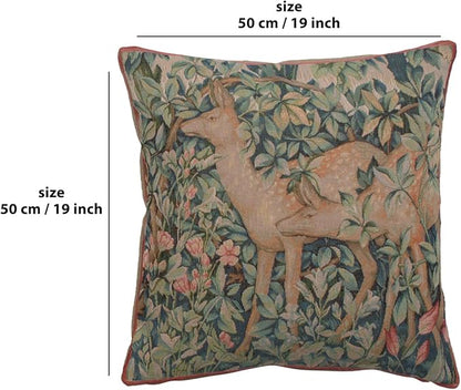 Square tapestry pillow cover with deer in leaf pattern, blue-green tones, red border